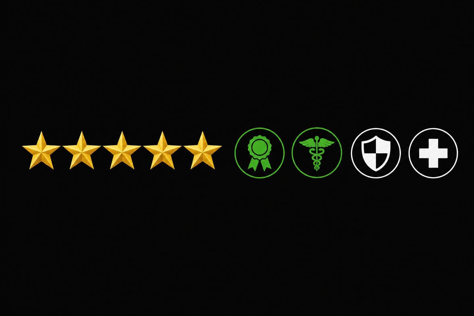 Doctor website trust signal strip showing star rating, board certifications, hospital affiliations and insurance logos